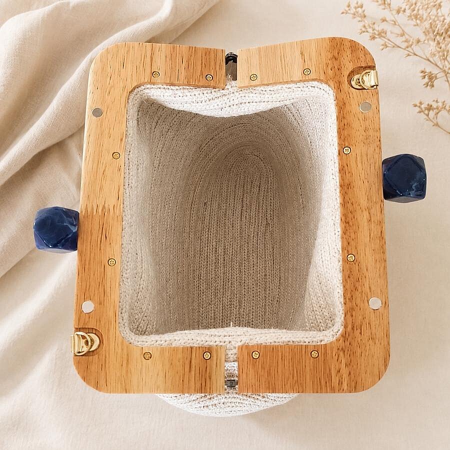 Ahşap Burslu Krem Rengi Mavi Geçişli Modern Tasarım El & Clutch Çanta - 3